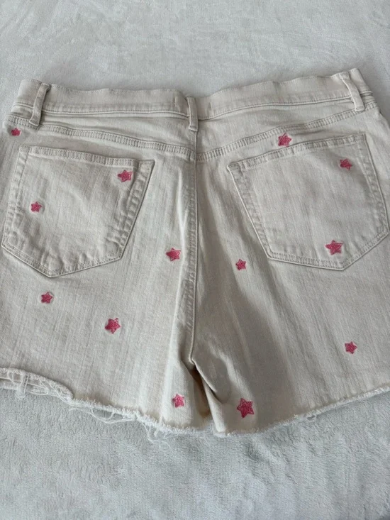 Loft Popcorn Cream Embroidered Pink Stars High Rise The Cut Off Short Sz 14 CT1 - Picture 5 of 5